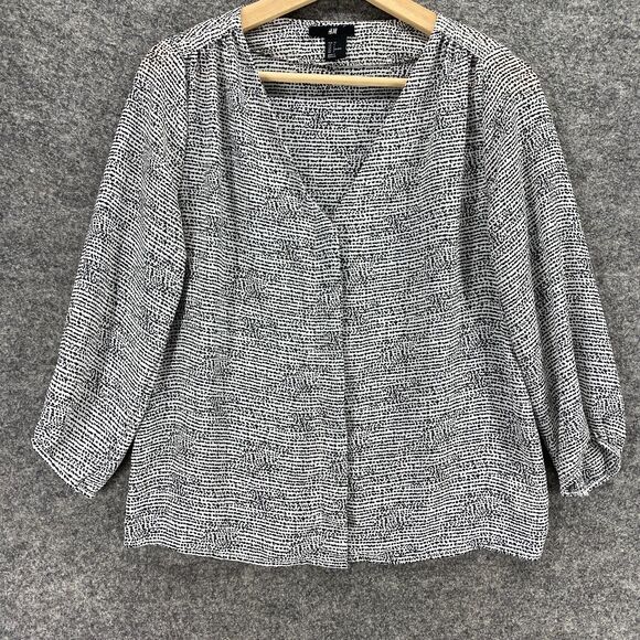 H&M Top Women 4 Black White Blouse Button Up 3/4 Sleeve - Picture 5 of 11
